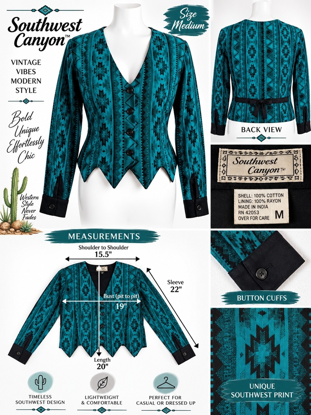 Teal Aztec V-Neck Women's Sweater Jacket - Size M